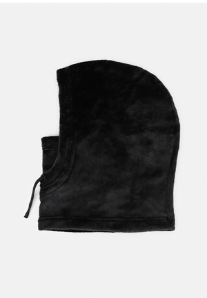 Balaclava en polaire noire avec un sommet arrondi, ouverture latérale et cordon de serrage pour l'ajustement. Texture douce avec une surface lisse.