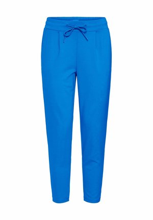 Pantalones jogger azules con una cintura ajustable, corte entallado y dos bolsillos frontales. Fabricados con una tela suave y de textura lisa.