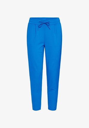 Modri športni hlače z elastičnim pasom na vrvico, zožanim krojem in dvema sprednjima žepoma. Narejene so iz mehke tkanine z gladko teksturo.