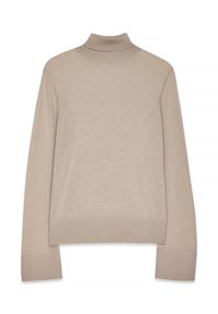 Vaaleanbeige poolopaita, joka on valmistettu pehmeästä neuloksesta. Siinä on pitkät hihat sekä resorikujat ja -helma. Sujuva rakenne, minimalistisella yksityiskohdalla.