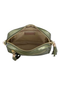 Žalias metalizuotas odinis krepšys su užtrauktuku, sklandžiu paviršiumi ir šviesiai ruda pamušalo vidaus danga. Papuoštas kutu ir turi užtrauktuką vidinėje kišenėje.