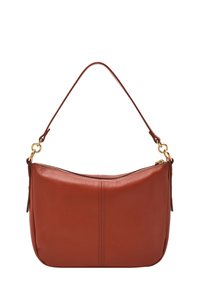 Sac en cuir brun texturé avec une forme incurvée, fermeture éclair et une seule bandoulière. Des accents en matériel doré.