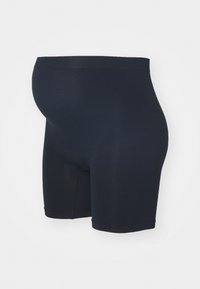 Těhotenské šortky v jednobarevné námořnické modři, vyrobené z elastického materiálu. Mají vysoký pas a hladkou texturu, navržené pro pohodlí a oporu.