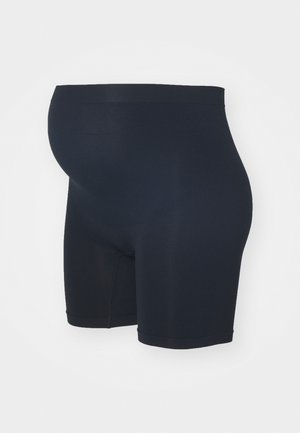 Graviditetsshorts i ensfarget marineblå, laget av elastisk stoff. Har høy midje og jevn tekstur, designet for komfort og støtte.