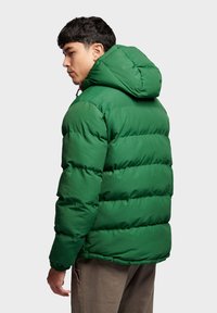 Green padded jacket with a hood, features quilted sections, elastic cuffs, and a front zipper. Made of a smooth, water-resistant material.
