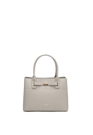 Borsa a mano in pelle grigio chiaro con due manici, una tracolla frontale con chiusura dorata e logo del marchio discreto nella parte inferiore al centro.