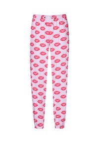 Roze sweats met een herhaald patroon van rode lippen, elastische tailleband met trekkoord, en taps toelopende boorden bij de enkels. Zacht, lichtgewicht materiaal.