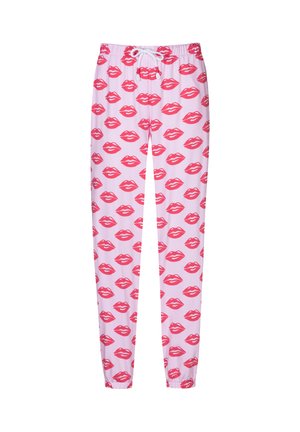 Roze sweats met een herhaald patroon van rode lippen, elastische tailleband met trekkoord, en taps toelopende boorden bij de enkels. Zacht, lichtgewicht materiaal.