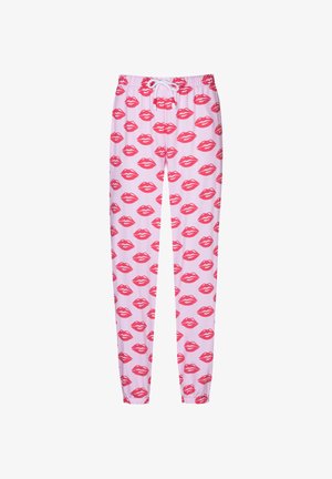 Pantaloni felpati rosa con motivo di labbra rosse ripetute, vita elasticizzata con cordoncino e polsini a gamba tapered. Tessuto morbido e leggero.