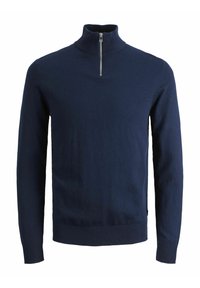 Pullover en marine foncé avec un col haut et une courte fermeture éclair. Fabriqué en tissu tricoté lisse, doté de bords côtelés aux poignets et à l'ourlet.
