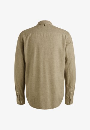 Langarm shirt gemaakt van gestructureerde, olijfgroene stof. Beschikt over een button-down kraag en manchetten met knopen, en vertoont een gladde afwerking.