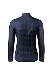 Marineblaue langärmelige Hemd mit glatter Textur und einem weißen Punktmuster. Es hat einen klassischen Kragen und Knopfmanschetten.