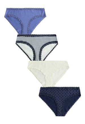 Fire damebikinitrusser i blå, navy med hvide striber, hvid og navy med hvide polkaprikker, alle med blondekant.