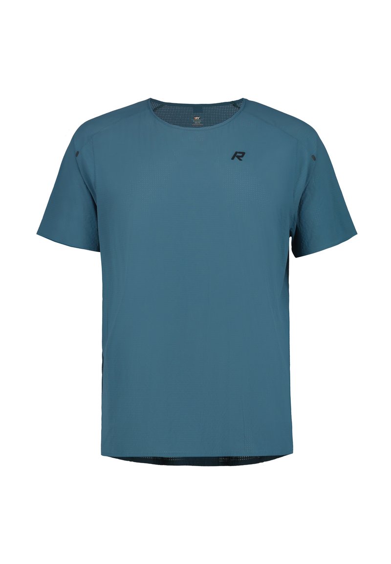 Camiseta deportiva de manga corta en color verde azulado, con textura de malla, logo en el pecho y escote redondo. Tela ligera y transpirable.