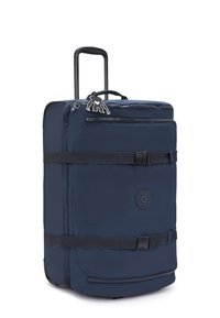 Navy blue wheeled duffle bag with a zippered compartment, adjustable straps, and a black logo patch. Smooth texture and rectangular shape.
