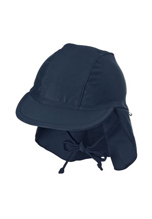 Marineblauer Sonnenschutzhut mit breiter Krempe, Nackenschutz und verstellbarem Kinnriemen. Glattes, wasserabweisendes Material mit genähten Nähten.