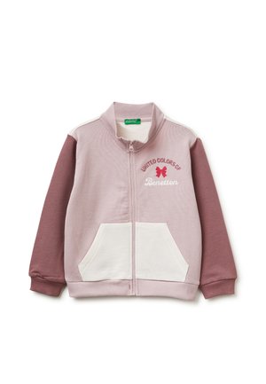 Children's zip-up jacket with mauve sleeves, light pink body, white front pockets, and "United Colors of Benetton" logo embroidery.