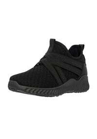 Schwarze Sportschuhe mit einem atmungsaktiven Mesh-Obermaterial, elastischen Riemen und einer gekrümmten, strukturierten Gummisohle für Grip und Flexibilität.