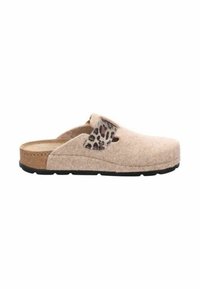 Zoccoli in feltro beige con dettagli in stampa leopardata, lati aperti e suola intermedia simile al sughero. Presenta una suola esterna in gomma nera testurizzata per una maggiore aderenza.