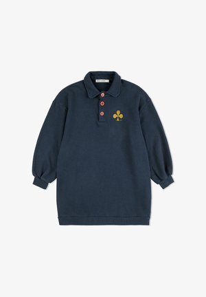 Marine pullover sweatshirt met een kraag, drie knoopsluitingen en ballonmouwen. Voorzien van een gouden klaverlogo op de borst.