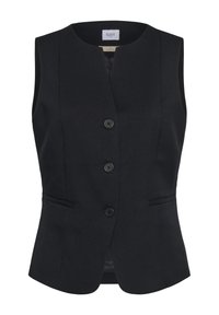 Schwarzer ärmelloser Blazer mit taillierter Passform, rundem Halsausschnitt, fünf Vorderknöpfen und zwei seitlichen Taschen. Glatte Stoffstruktur.