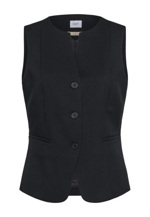 Black sleeveless blazer with a tailored fit, featuring a round neckline, five front buttons, and two side pockets. Smooth fabric texture.