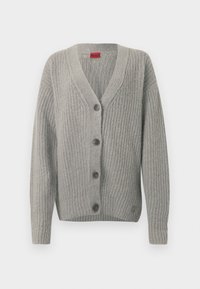 Šedý kardigan s žebrovanou texturou, výstřihem do V a pěti knoflíky. Má dlouhé rukávy a rovný spodní lem. Jednoduchý design, měkký materiál.