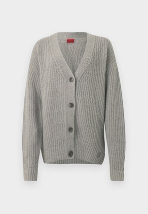 Cardigan grigio con una trama a coste, scollo a V e cinque bottoni. Presenta maniche lunghe e un orlo dritto. Design semplice, materiale morbido.