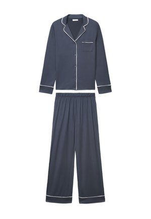 Pigiama blu scuro a maniche lunghe con bottoni e piping bianco, e pantaloni coordinati con vita elasticizzata e piping bianco ai polsini.