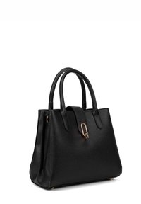 Zwarte leren handtas met dubbele handvatten aan de bovenkant, gouden hardware, een gestructureerd oppervlak en een gestructureerde silhouette met een magnetische sluiting.