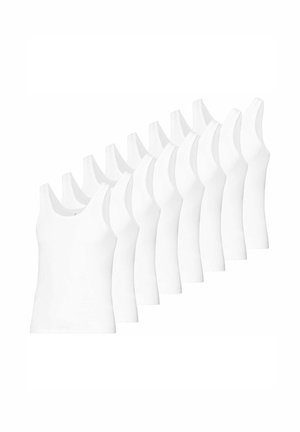 Ten plain white sleeveless tank tops arranged in a staggered row on a white background.