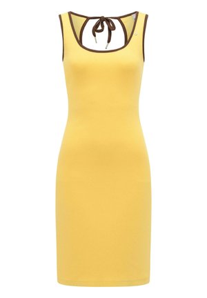 Ermeløs gul kjole med brun kant, rund halsutringning og halterknute bak, tettsittende silhouett, knelang.