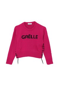 Maglione rosa lavorato a maglia con scollo e orlo a coste. Presenta un logo nero "GAËLLE" sulla parte anteriore e dettagli intessuti sui lati.