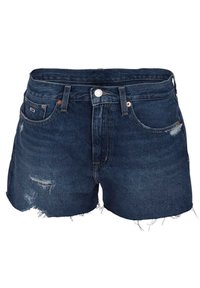 Tummansiniset farkkushortsit, joissa on kulutettuja yksityiskohtia, rispaantuneet reunat, viisi taskua, vyölenkit ja etunappikiinnitys.