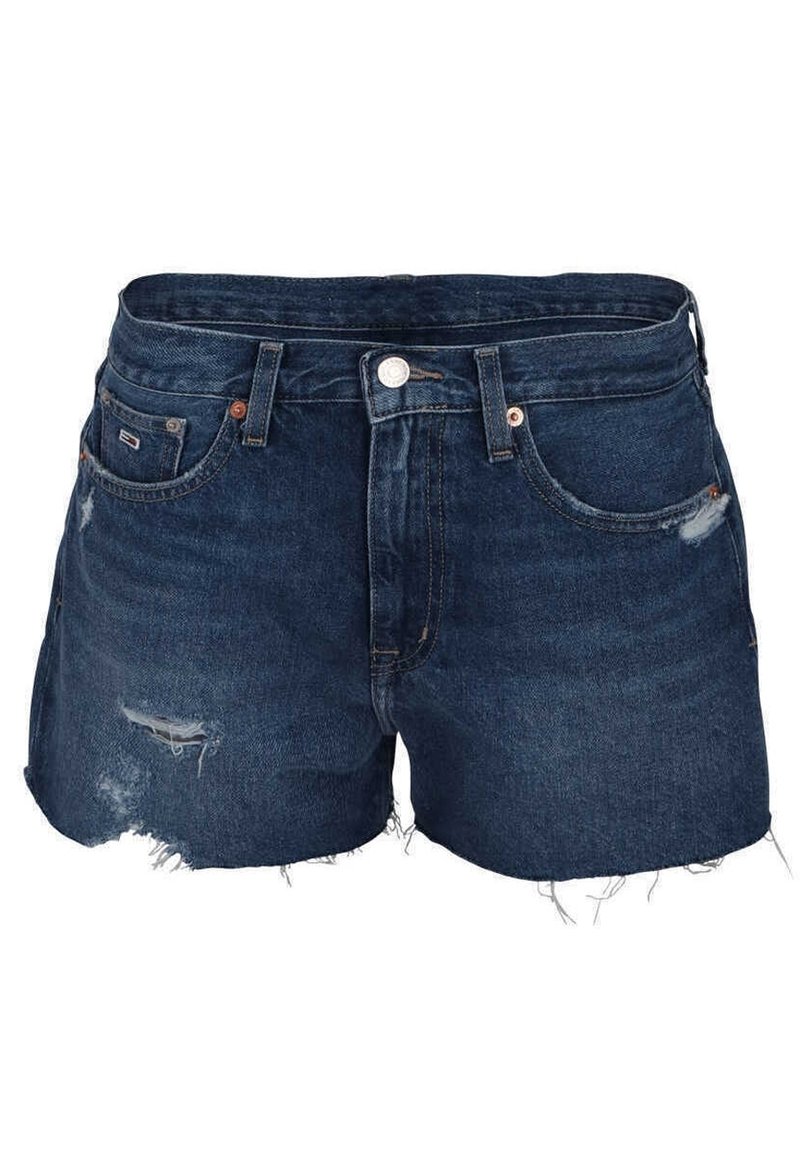 Tummansiniset farkkushortsit, joissa on kulutettuja yksityiskohtia, rispaantuneet reunat, viisi taskua, vyölenkit ja etunappikiinnitys.