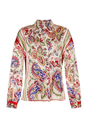 Bluzka z długim rękawem z lekkiego materiału, z wielokolorowym wzorem paisley z czerwonymi akcentami, kołnierzykiem i zapięciem na guziki.