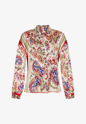 Langsleeve blouse van lichtgewicht stof, voorzien van een meerkleuren paisleypatroon met rode accenten, een kraaglijn en knoopsluiting.