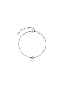 Silberne Kettenarmband mit einem kleinen weißen Perlenanhänger, ausgestattet mit einem feinen Glieddesign und einem verstellbaren Verschluss für Längenveränderungen.