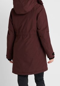 Bordeaux utomhusjacka med huva, åtstramad midja och långa ärmar, med en slät yta och justerbara ärmslut.