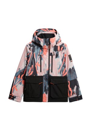 Veste d'hiver à capuchon avec un motif abstrait en corail, noir et gris, fermeture éclair à l'avant, deux zips sur la poitrine et deux grandes poches avant noires.