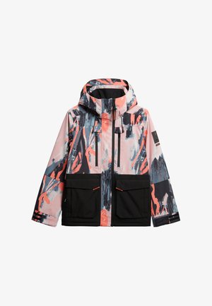 Veste d'hiver à capuchon avec un motif abstrait en corail, noir et gris, fermeture éclair à l'avant, deux zips sur la poitrine et deux grandes poches avant noires.