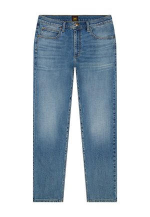 Jean denim bleu clair à jambes droites avec bouton avant, fermeture éclair, passants pour ceinture et conception à cinq poches. Légère décoloration sur les cuisses et les genoux.