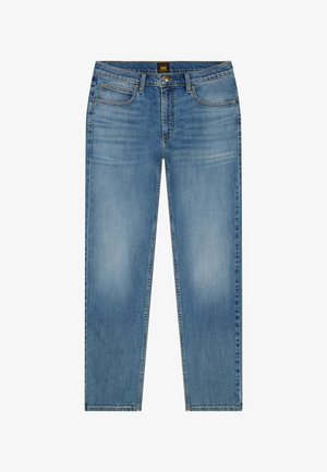 Jean denim bleu clair à jambes droites avec bouton avant, fermeture éclair, passants pour ceinture et conception à cinq poches. Légère décoloration sur les cuisses et les genoux.