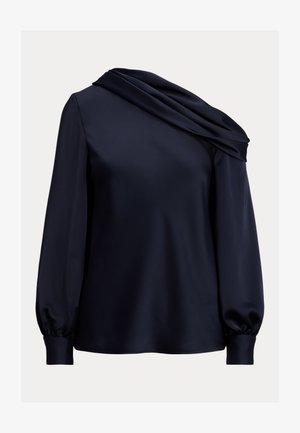 Tumed blouse, millel on drapeeritud asümmeetriline kaelus, pikad puff-sleeved varrukad, sile satiinmaterjal ja sobiv äär.