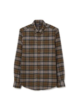 Camicia con bottoni in fantasia a quadri verde oliva e marrone, con colletto classico e maniche lunghe con polsini a bottoni.