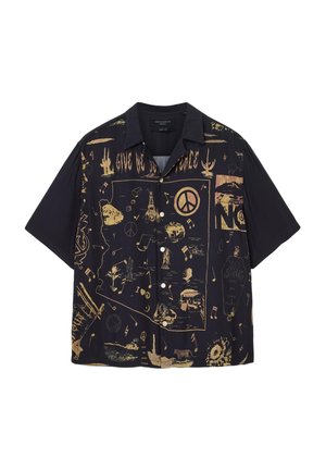 Kurzärmeliges Hemd aus schwarzem Stoff mit goldenem grafischem Druck, der verschiedene Symbole und Illustrationen zeigt, darunter Friedenszeichen und Landschaften.