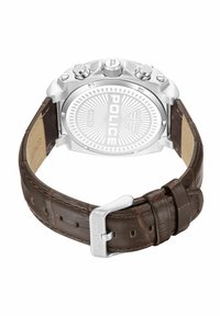 Analog wristwatch with a stainless steel case, silver bezel, and a dark brown leather strap featuring a crocodile texture and silver buckle.