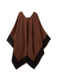 Hnědý pončo s výstřihem do V a černým lemem kolem spodních okrajů. Měkká textura a volný, čtvercový tvar pro pohodlí a vrstvení.