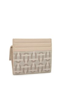 Beige wallet featuring smooth leather and patterned canvas. Contains card slots and subtle stitching details, compact rectangular shape.