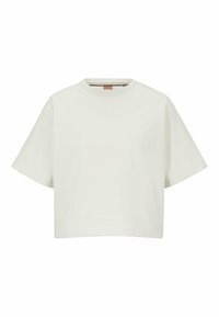 Biała, krótka bluzka T-shirt z krótkim rękawem, z okrągłym dekoltem i subtelnie wypukłym logo na lewej piersi.